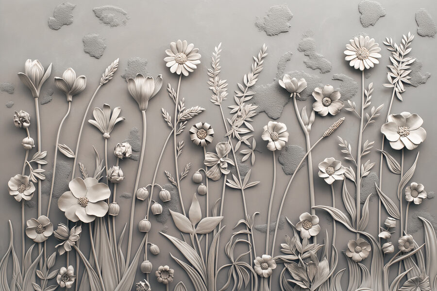 Een muurkunstwerk met bloemen en planten
