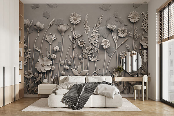 Een muurkunstwerk met bloemen en planten Een muurkunstwerk met bloemen en planten