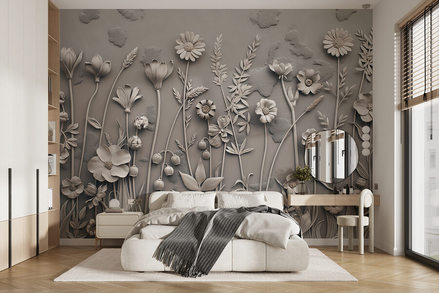 Een muurkunstwerk met bloemen en planten