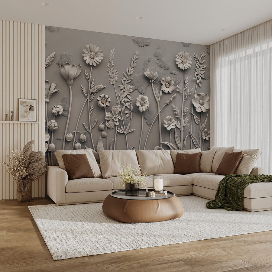 Een muurkunstwerk met bloemen en planten