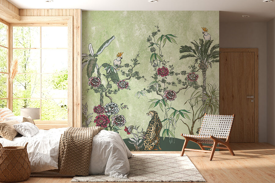 Een schilderij van planten en bloemen