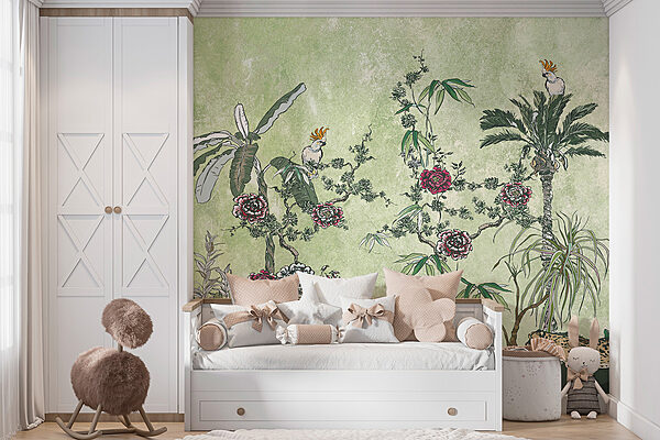 Een schilderij van planten en bloemen Een schilderij van planten en bloemen