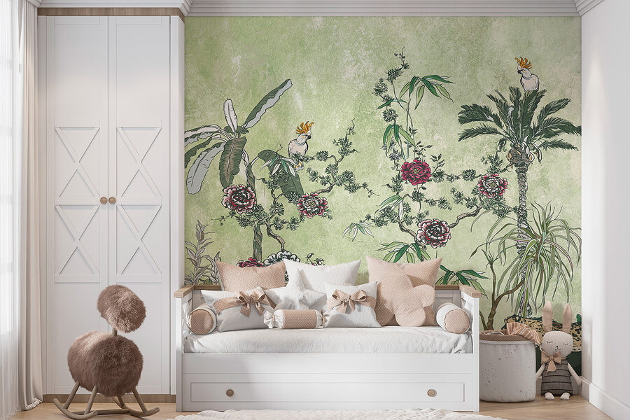 Een schilderij van planten en bloemen