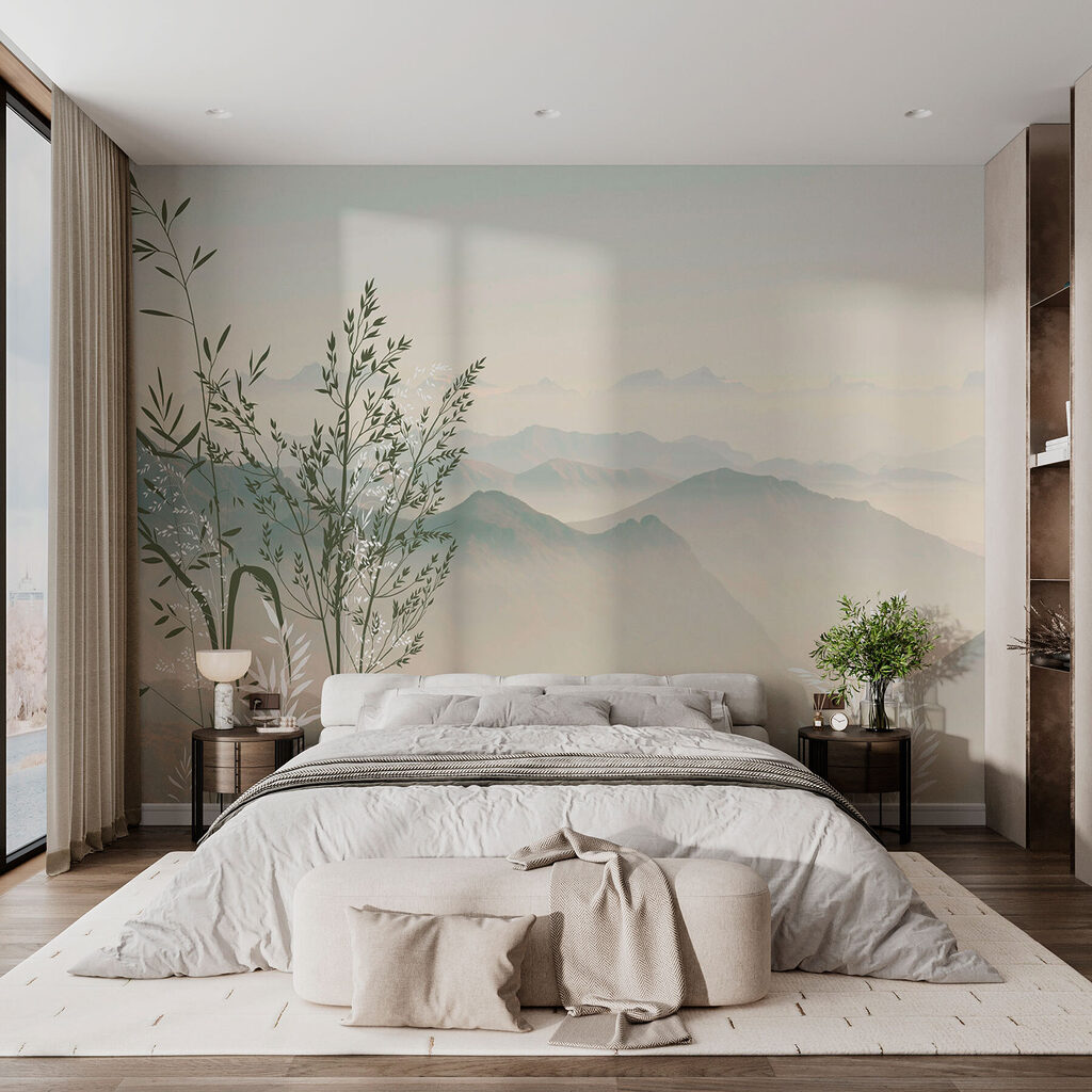 A landscape with mountains and trees A landscape with mountains and trees