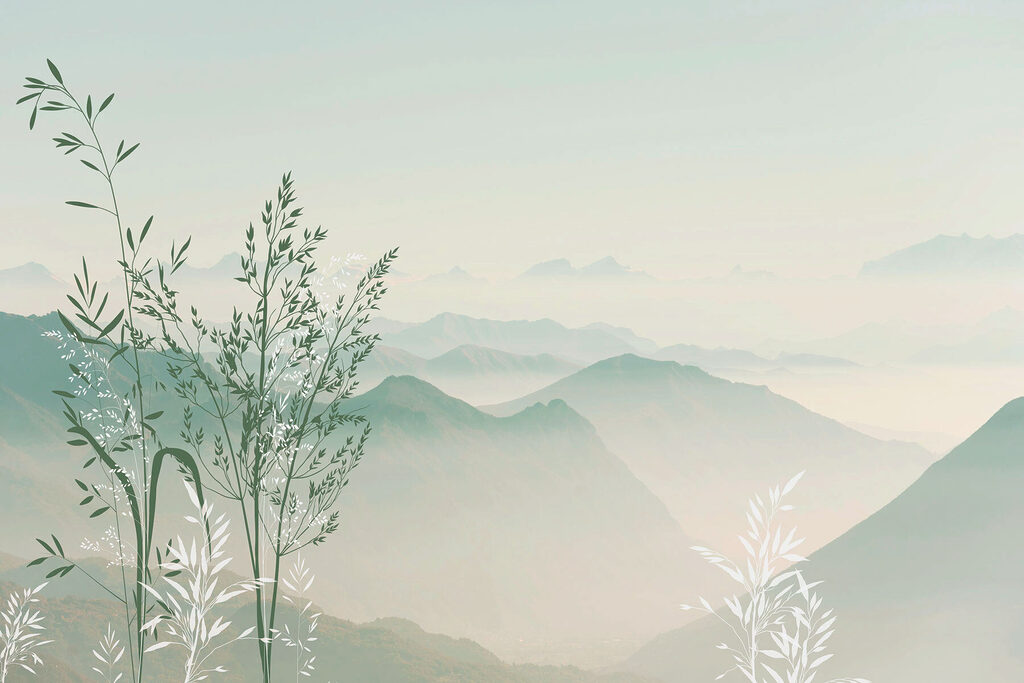Een landschap met bergen en bomen Een landschap met bergen en bomen