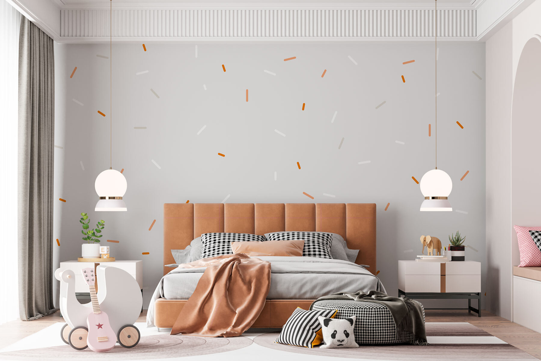 A white and orange sprinkles on a gray background