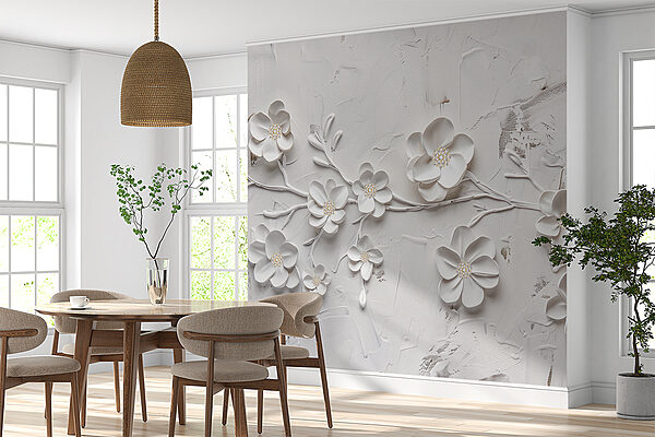 Fotobehang Fotobehang Een witte bloem op een wit oppervlak (Artikelnummer: w01226)
