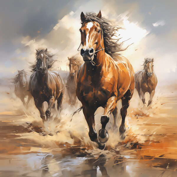 Een groep paarden rent door het water Een groep paarden rent door het water