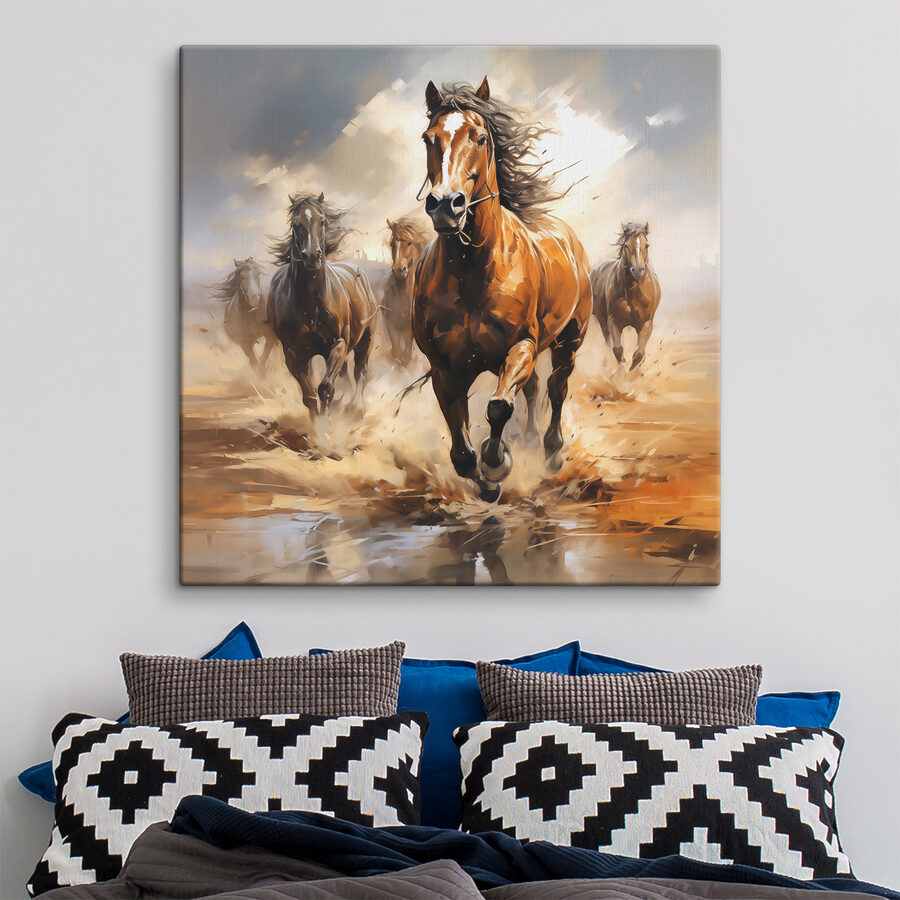 Een groep paarden rent door het water