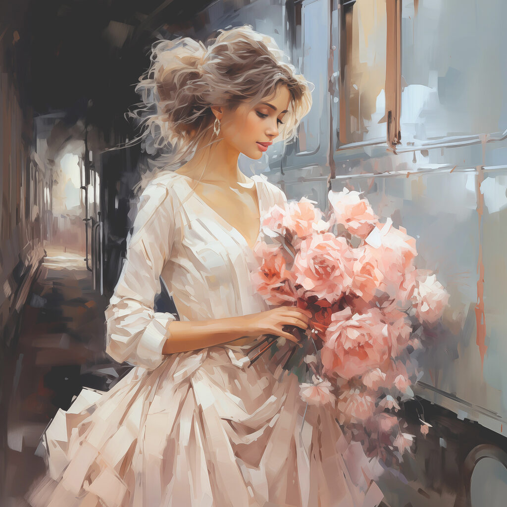 A woman holding flowers in a train A woman holding flowers in a train