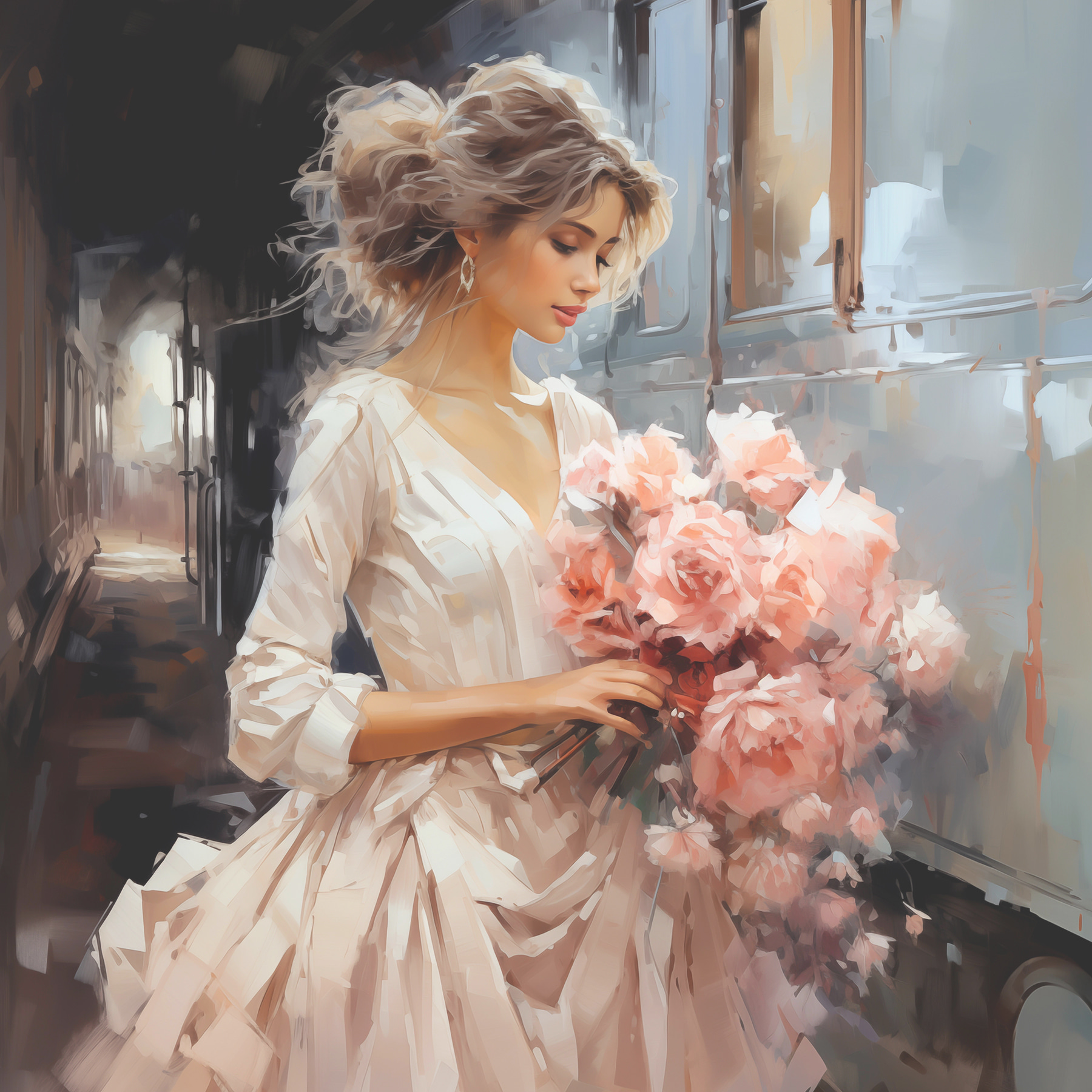 A woman holding flowers in a train