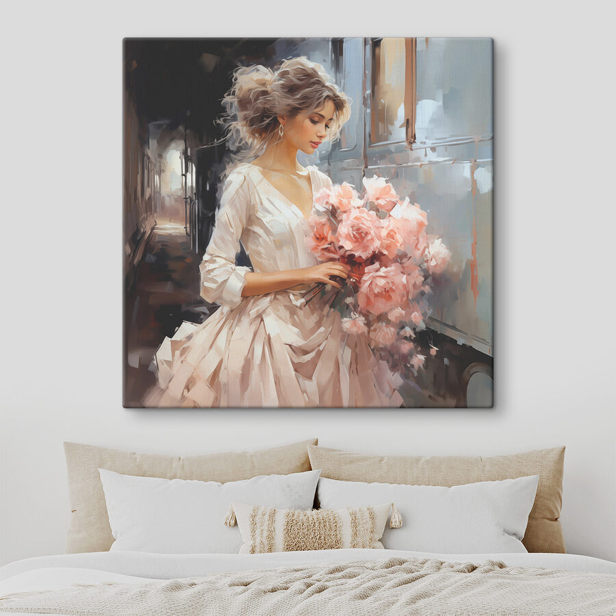 Een vrouw met bloemen in een trein