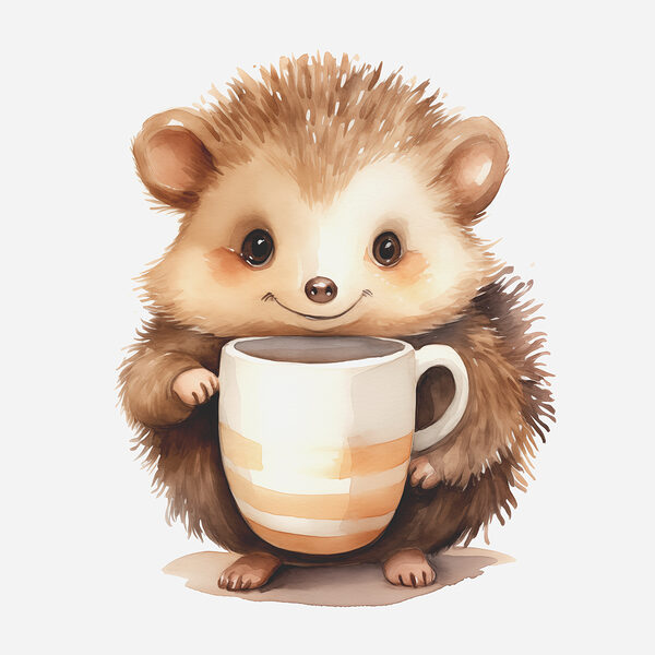 Een aquarel van een egel die een kopje vasthoudt Een aquarel van een egel die een kopje vasthoudt