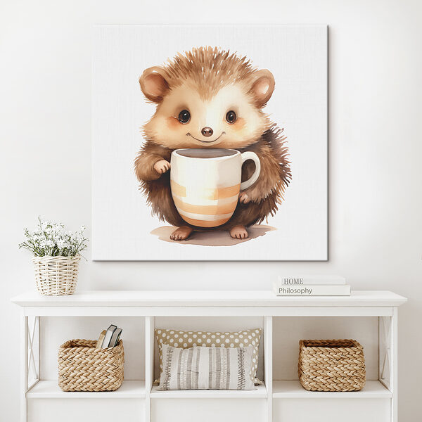 Een aquarel van een egel die een kopje vasthoudt Een aquarel van een egel die een kopje vasthoudt