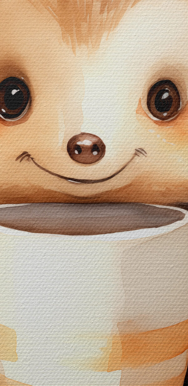 Een aquarel van een egel die een kopje vasthoudt Een aquarel van een egel die een kopje vasthoudt