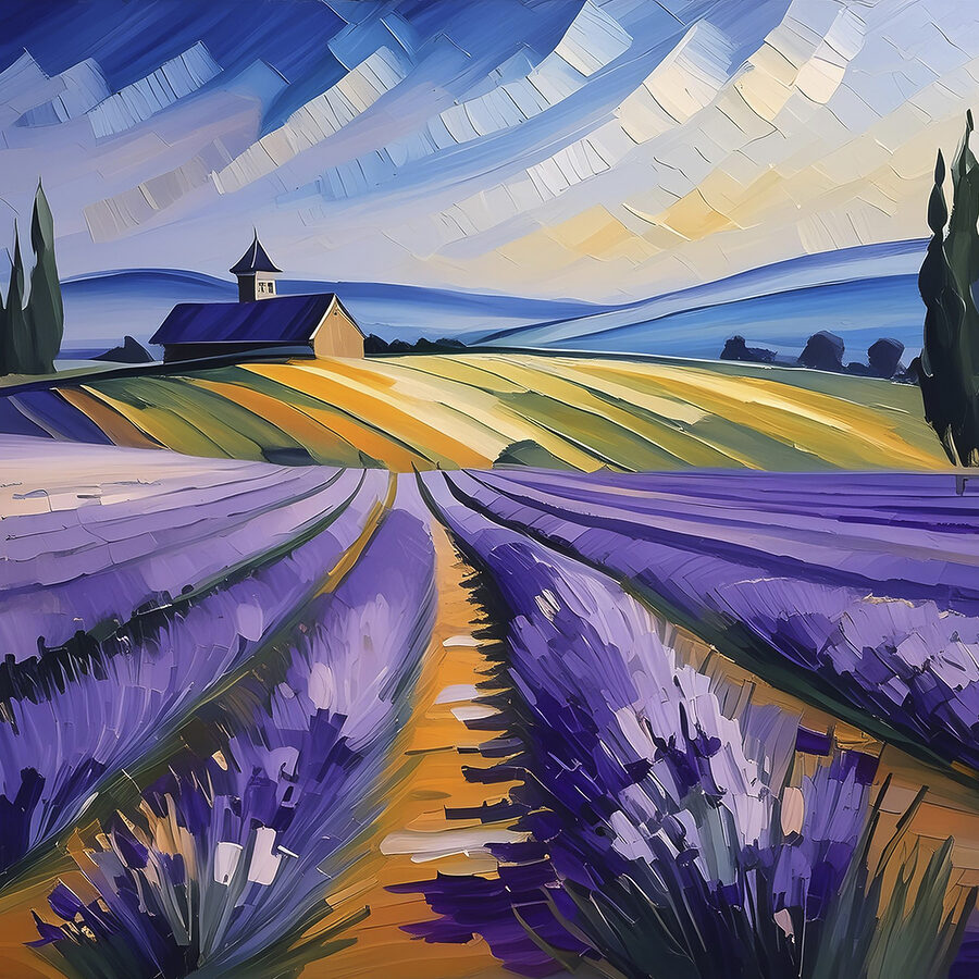 Een schilderij van een lavendelveld