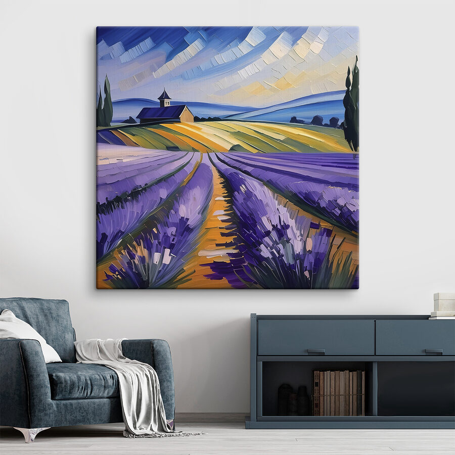 Een schilderij van een lavendelveld