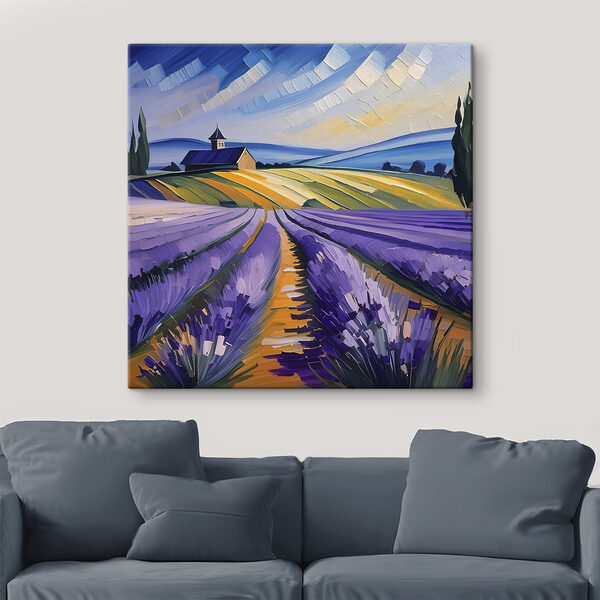 Een schilderij van een lavendelveld Een schilderij van een lavendelveld