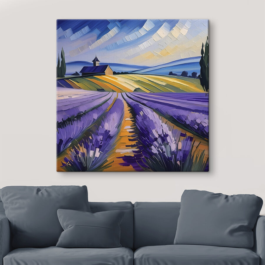 Een schilderij van een lavendelveld