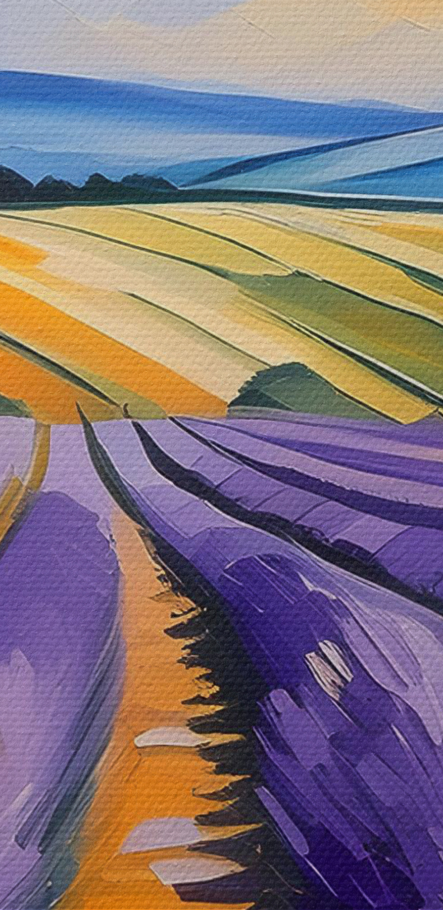 Een schilderij van een lavendelveld
