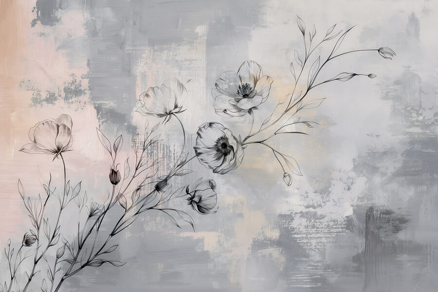 Een tekening van bloemen op een grijze achtergrond