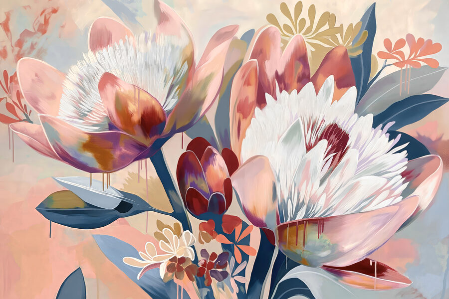 Een schilderij van bloemen op een oppervlak