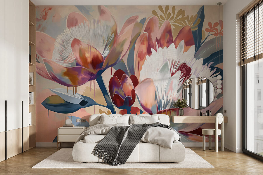 Een schilderij van bloemen op een oppervlak