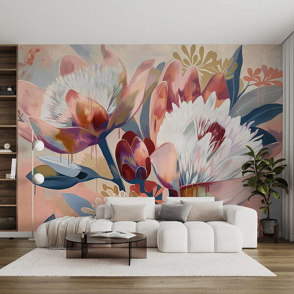 Een schilderij van bloemen op een oppervlak Een schilderij van bloemen op een oppervlak