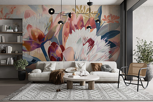Een schilderij van bloemen op een oppervlak Een schilderij van bloemen op een oppervlak