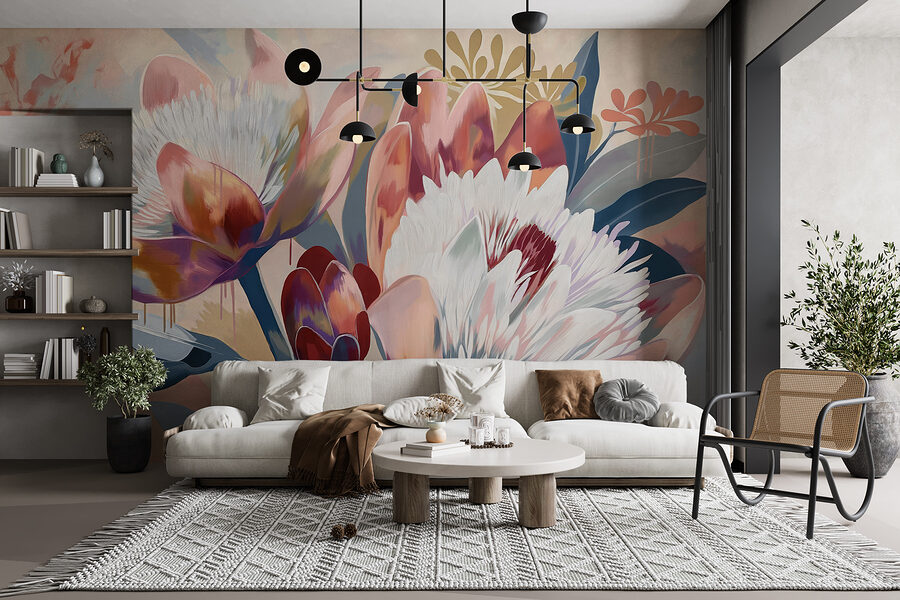 Een schilderij van bloemen op een oppervlak