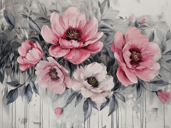 Een schilderij van roze bloemen Een schilderij van roze bloemen