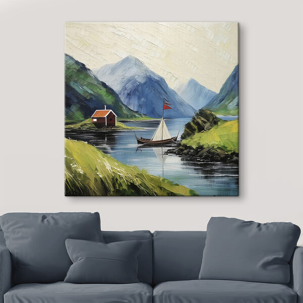 A painting of a boat on a lake with mountains and a house A painting of a boat on a lake with mountains and a house