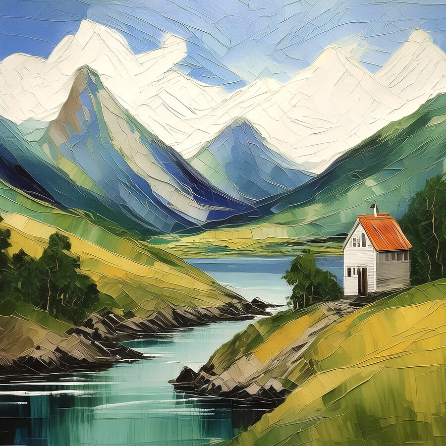Een schilderij van een huis op een heuvel bij een rivier