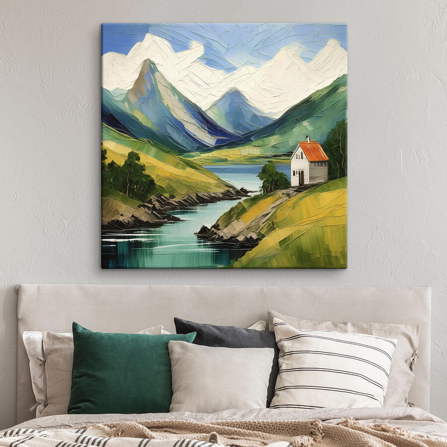 Een schilderij van een huis op een heuvel bij een rivier