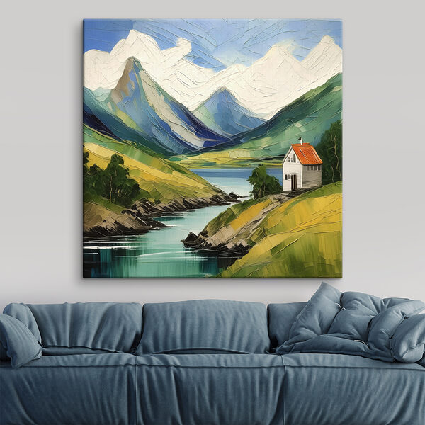 Een schilderij van een huis op een heuvel bij een rivier Een schilderij van een huis op een heuvel bij een rivier