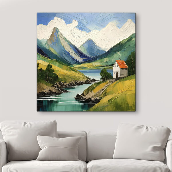 Een schilderij van een huis op een heuvel bij een rivier Een schilderij van een huis op een heuvel bij een rivier