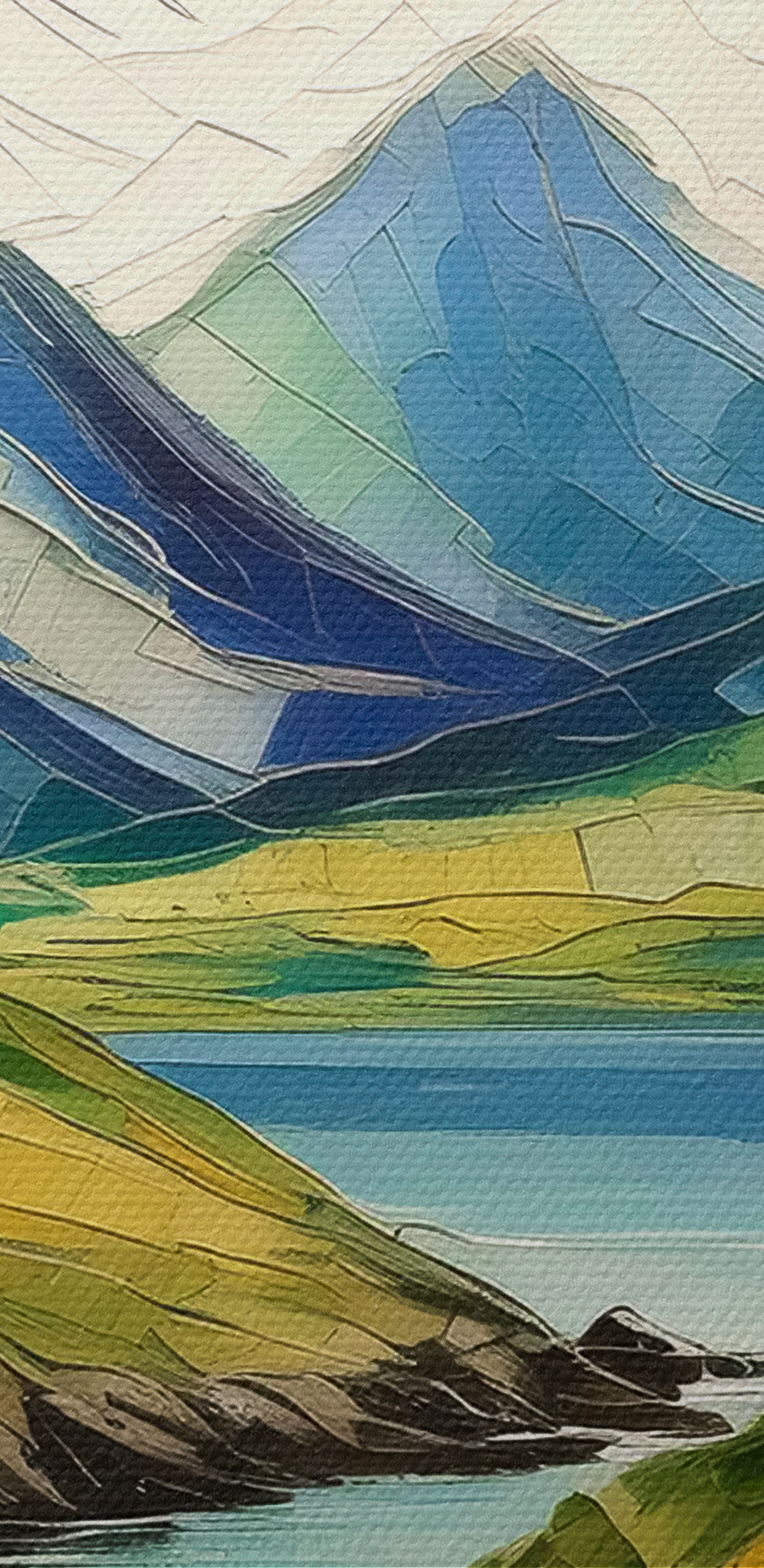 Een schilderij van een huis op een heuvel bij een rivier