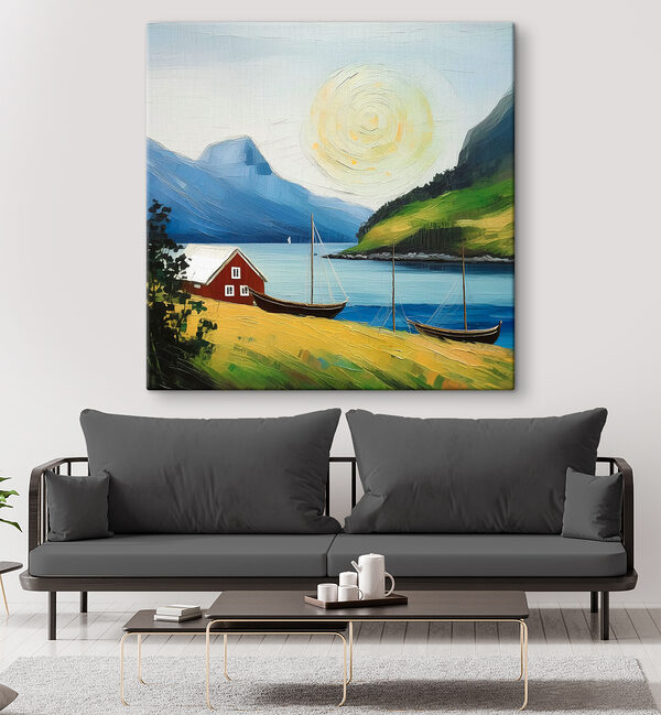 Een schilderij van een huis en boten op een meer Een schilderij van een huis en boten op een meer