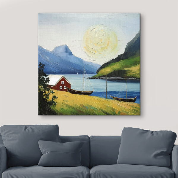 Een schilderij van een huis en boten op een meer Een schilderij van een huis en boten op een meer