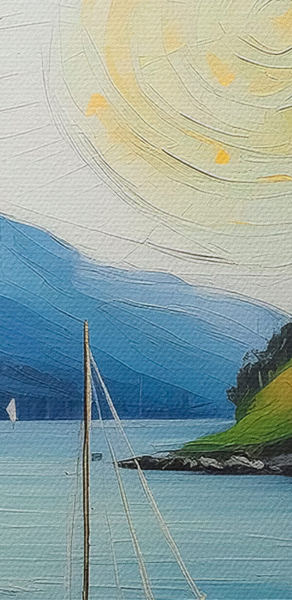 Een schilderij van een huis en boten op een meer Een schilderij van een huis en boten op een meer