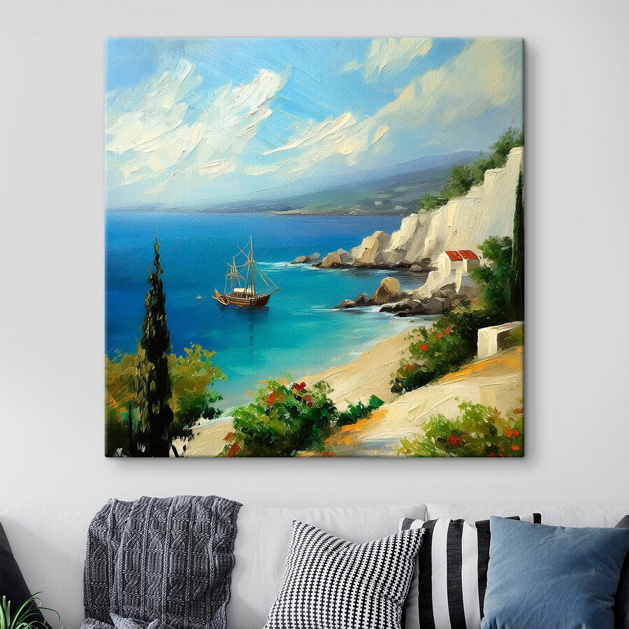 Een schilderij van een boot in het water