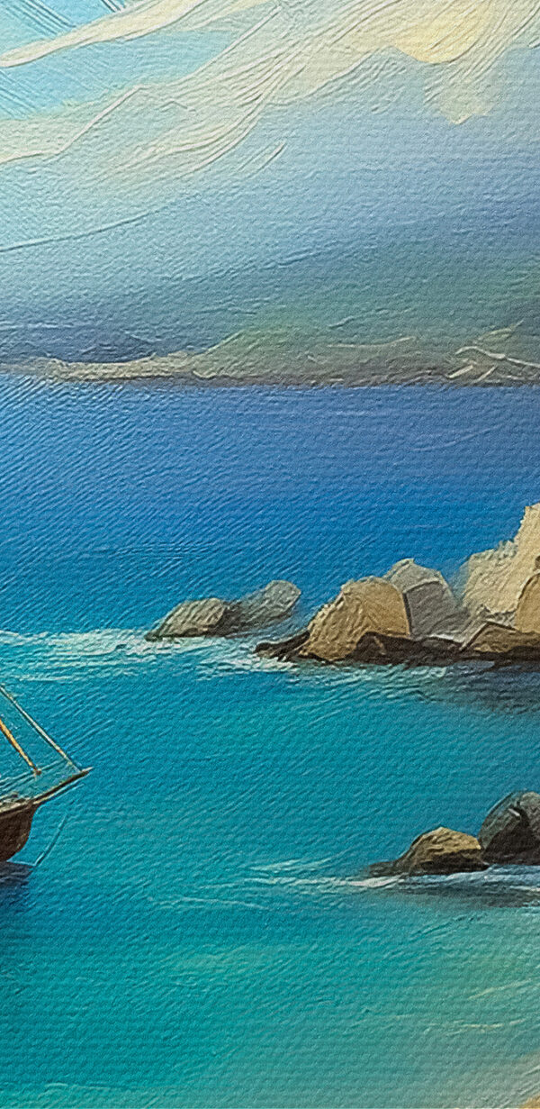 Een schilderij van een boot in het water Een schilderij van een boot in het water