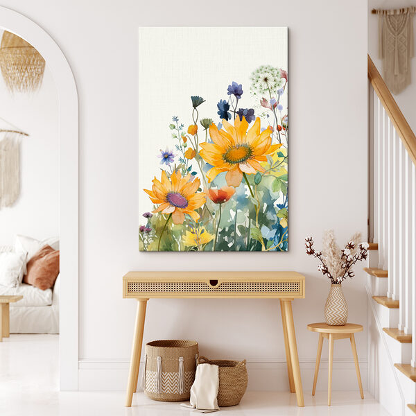 Een schilderij van bloemen en planten Een schilderij van bloemen en planten