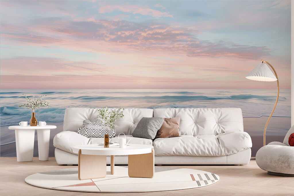A beach with waves and a pink sky A beach with waves and a pink sky