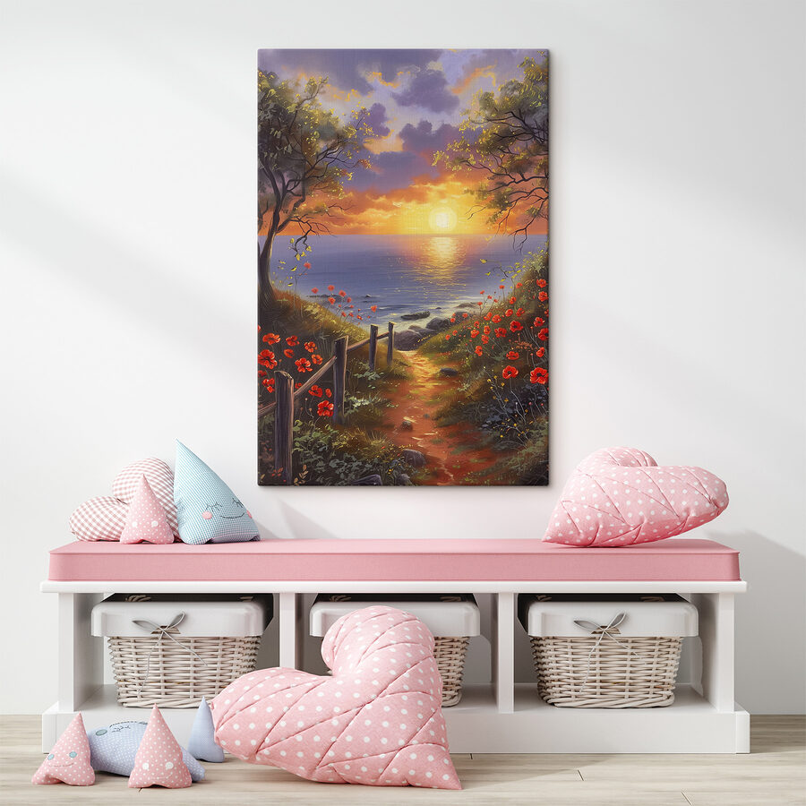 Een schilderij van een pad naar een waterlichaam met bloemen
