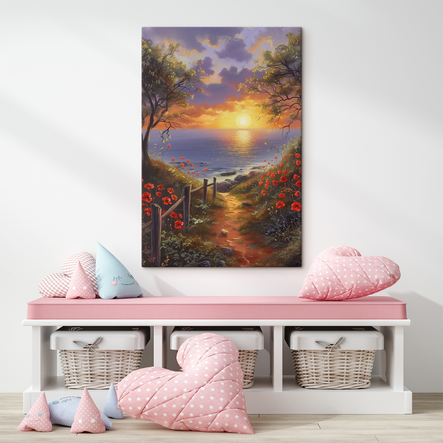 A painting of a path leading to a body of water with flowers