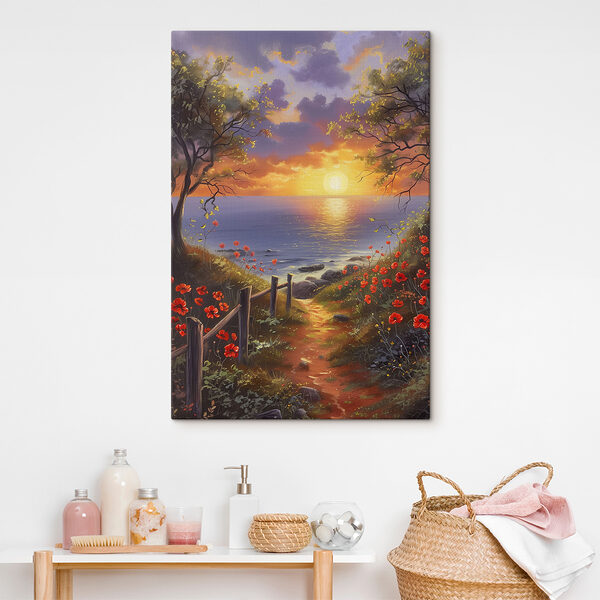 Een schilderij van een pad naar een waterlichaam met bloemen Een schilderij van een pad naar een waterlichaam met bloemen