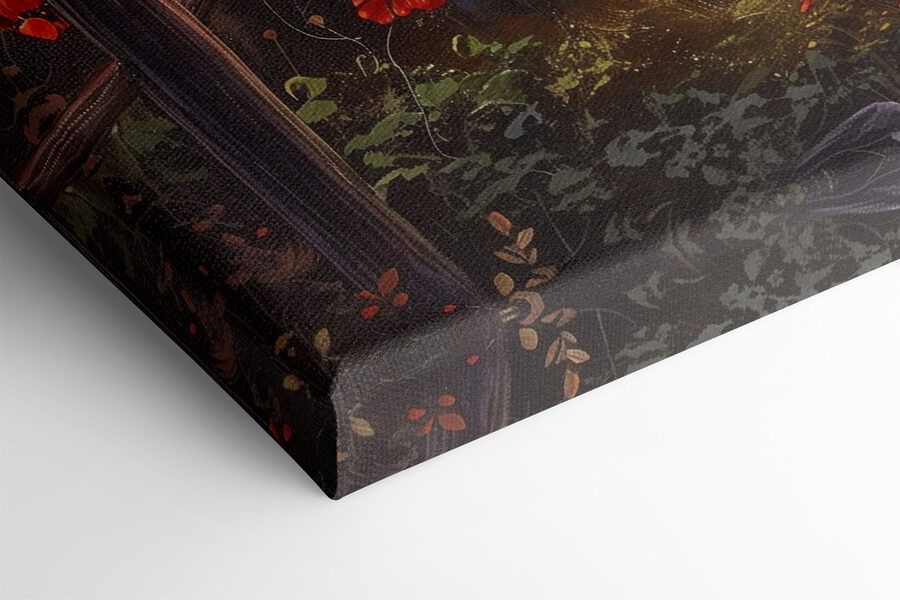 Een schilderij van een pad naar een waterlichaam met bloemen