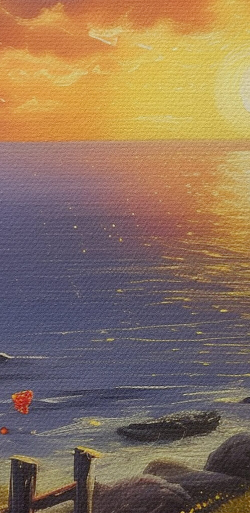 A painting of a path leading to a body of water with flowers