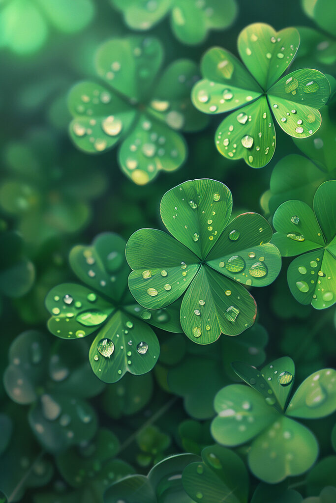 A group of clovers with water droplets A group of clovers with water droplets